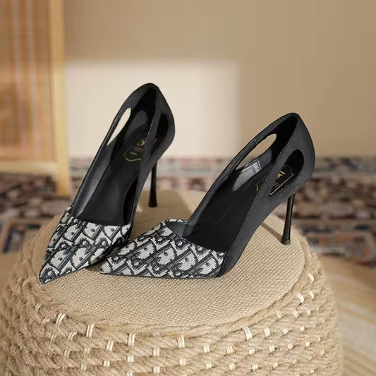 Embroidered Black & Grey Luxury Kitten Heels